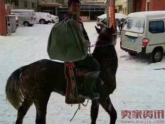 内蒙古突降暴雪，快递员骑马送包裹