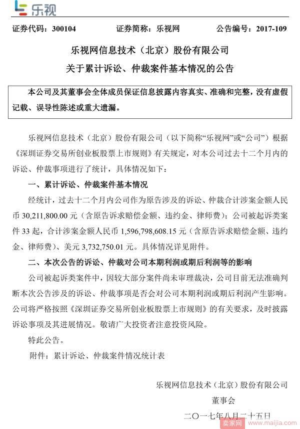 乐视网自揭老底：1年内被诉33案涉16亿元