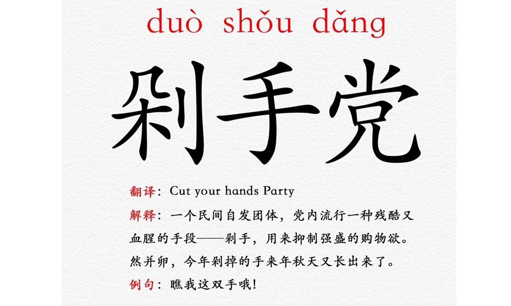 一个民间自发团体，党内流行一种残酷又血腥的手段—剁手，用来抑制强盛的购物欲。