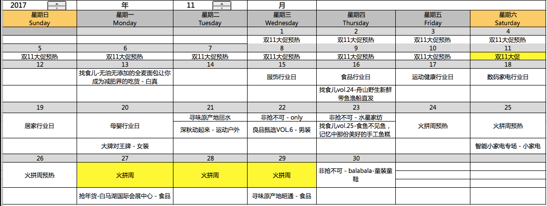 2017年11月淘抢购营销活动预告