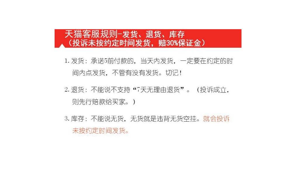 发货、退货、库存（投诉未按约定时间发货，赔30%保证金）