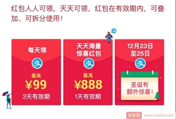 支付宝“圣诞红包”正式上线：最高1225元